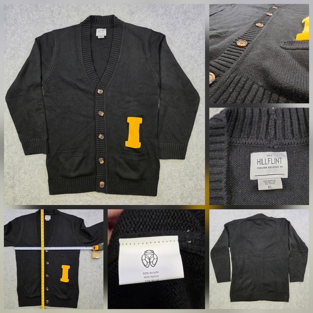Hillflint Iowa University Hawkeyes Sweater Mens XL Black Cardigan V Neck Varsity